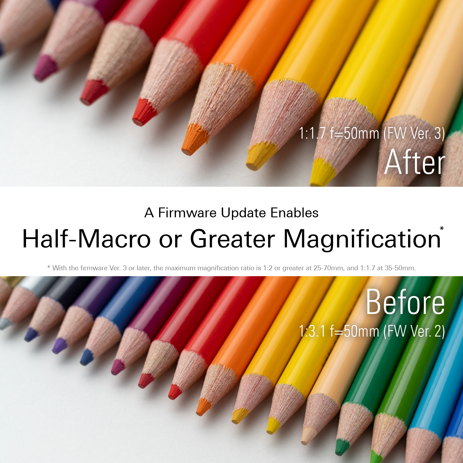 Close-up of coloured pencils showing before and after firmware update effects.