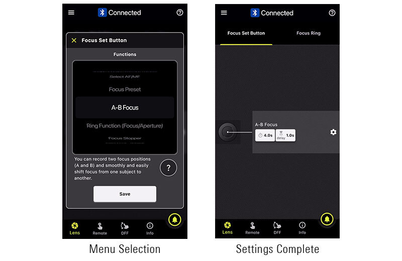 Tamron Lens Utility™ App Interface Screenshot of Tamron Lens Utility app showing focus settings and menu.