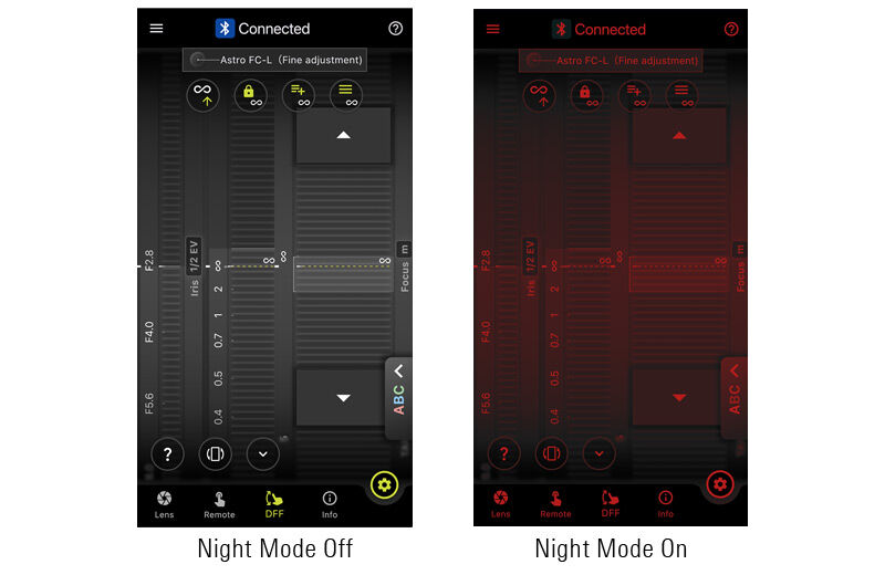 Tamron Lens Utility™ Night Mode Settings Tamron Lens Utility™ app screens showing night mode off and on.