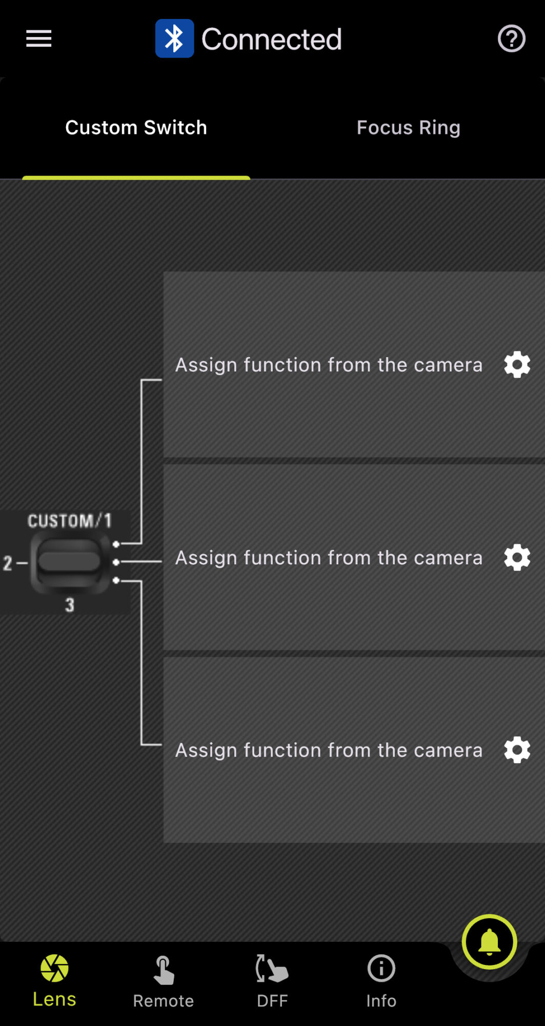 Tamron Australia camera setup Camera connected with Tamron lens, customizable functions displayed.