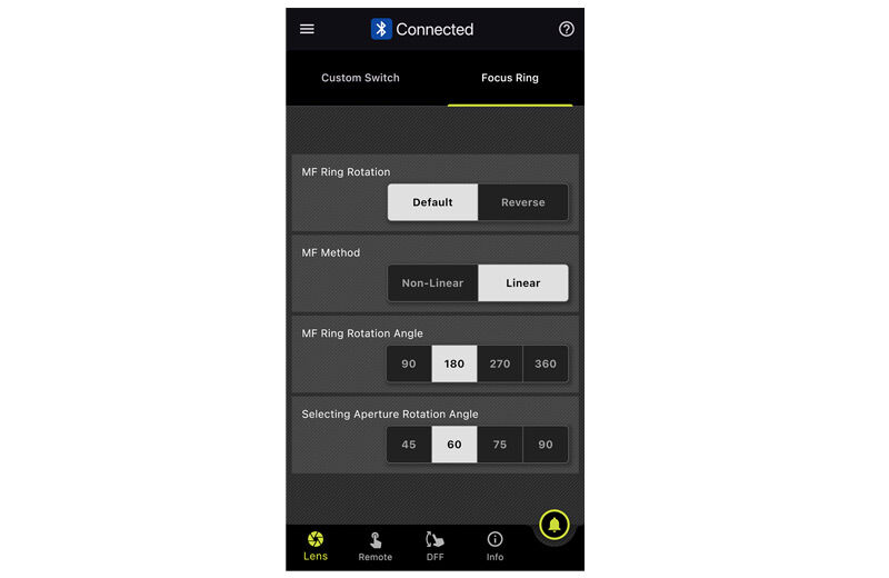 Tamron Lens Utility™ app interface Mobile app screen showing Tamron lens focus ring settings and controls.